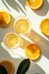 Two glasses of orange juice with fresh citrus slices and shadows