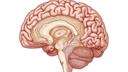 Human brain with detailed structure and lobes, isolated on white, medical accuracy, educational illustration