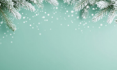 snowy green spruce branch with delicate snowflakes falling against a blue background. Ideal as a winter banner or template for Christmas greetings, holiday promotions, and seasonal designs.