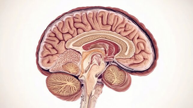 Human brain with detailed structure and lobes, isolated on white, medical accuracy, educational illustration