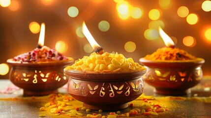 Obraz premium Festive diwali diyas illuminating colorful festive ambiance with vibrant bokeh lights.