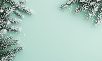 Obraz premium snowy green spruce branch with delicate snowflakes falling against a blue background. Ideal as a winter banner or template for Christmas greetings, holiday promotions, and seasonal designs.