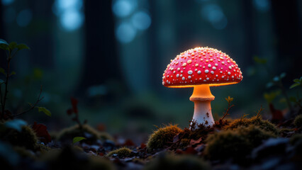 Fototapeta premium A vibrant red mushroom with white spots glowing brightly on a forest floor.