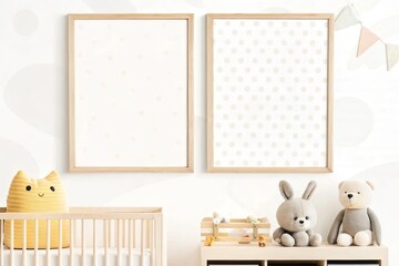 Bright nursery with a white crib, colorful hanging toys, a cheerful framed poster, and playful decorations creating a vibrant and fun atmosphere