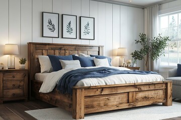 Rustic wooden bed with blue pillows, flanked by two bedside cabinets. The bed is set against a white wall adorned with three framed posters, creating a cozy farmhouse-style bedroom with modern touch