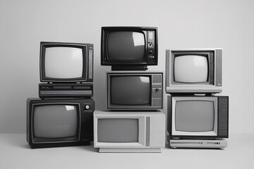 stack of vintage black and white crt televisions arranged in a minimalist setting with a neutral gray background and classic screen designs  
