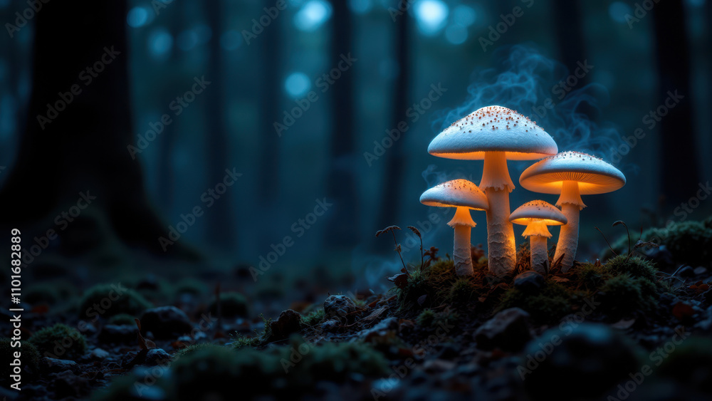 Poster a captivating image of a group of mushrooms glowing with a mysterious light on a forest floor at nig