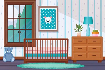 Obraz premium Minimalist and modern illustration of a nursery setup. It features essential elements like a wooden crib, a changing table with drawers, shelves adorned with decorative items, and a framed poster