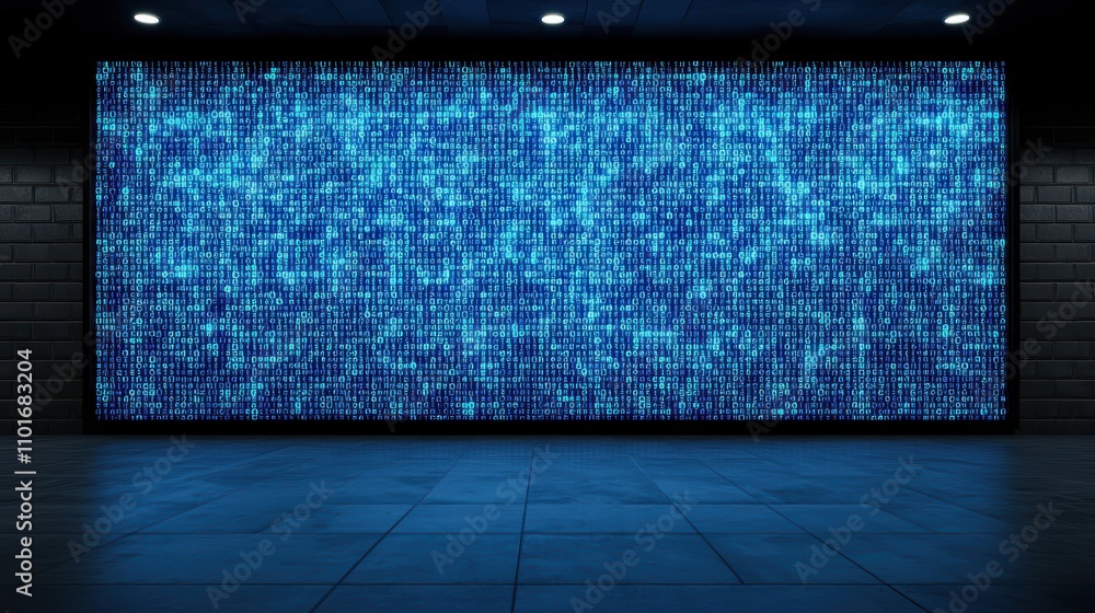 Poster illuminated frameless digital display on modern textured wall in 3d visualization