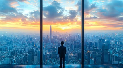 Fototapeta premium Individual Gazing at City Skyline in Moment of Clarity with Copy Space