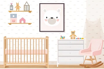 Bright nursery with a white crib, dresser, and colorful decor including a rocking chair, green curtains, and a playful stack toy
