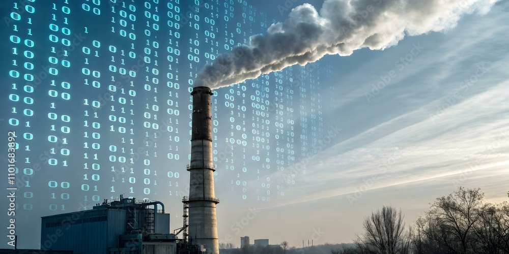 Wall mural digital transformation concept: abstract factory chimney emitting binary code as smoke in industrial