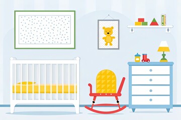 Obraz premium Bright nursery with a white crib, dresser, and colorful decor including a rocking chair, green curtains, and a playful stack toy