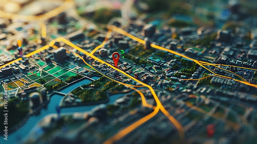 Poster aerial view of cityscape with red location pin marking a point of interest