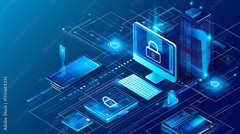 Poster a digital illustration showcasing cybersecurity with a computer, lock symbols, and data elements in 