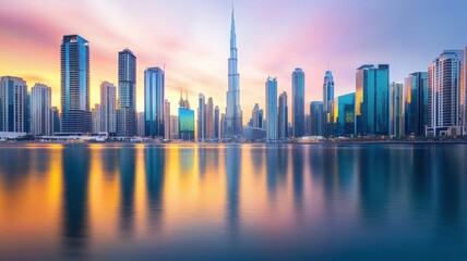 Obraz premium Sunset skyline of dubai peak energy efficiency in urban architecture capturing a vibrant cityscape reflection at dusk