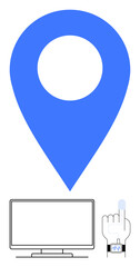 Blue location marker, hand pressing smart-watch touchscreen, and computer monitor representing tech integration, GPS navigation, and user interaction. Ideal for technology, connectivity, navigation
