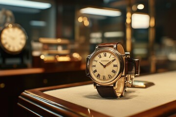 Elegant Gold Wristwatch Displayed In Luxury Store Setting