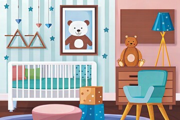 Playful flat design of a nursery room, framed mockup poster on the wall, baby toys and modern furniture