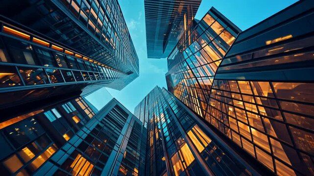 Low angle view of illuminated skyscrapers at night, showcasing modern architecture and urban development.