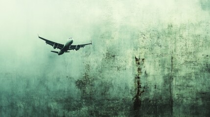 Fototapeta premium An airplane flies against a textured, cloudy backdrop, evoking a sense of travel and adventure.