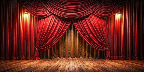 Empty Stage Red Curtain Wooden Floor AI Photography