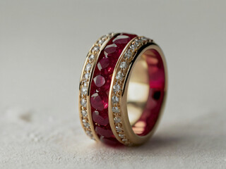 A beautiful wedding ring featuring a central red ruby