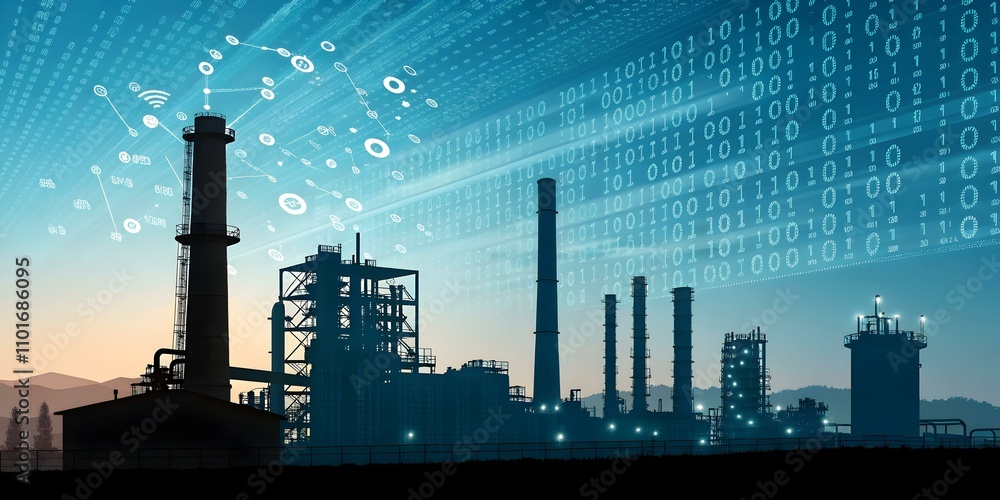 Wall mural abstract factory silhouette overlaying digital binary code background for industrial innovation conc