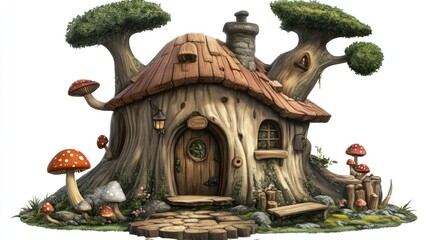 Enchanting Tree Trunk House With Mushrooms And Trees