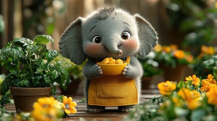 Adorable Baby Elephant Chef. A charming illustration of a baby elephant wearing a yellow apron, happily enjoying a bowl of corn.  Surrounded by lush greenery and sunflowers.