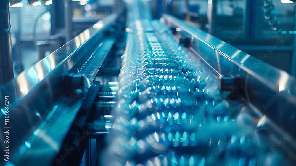 Poster a production line with bottles moving along a conveyor belt in a factory setting.