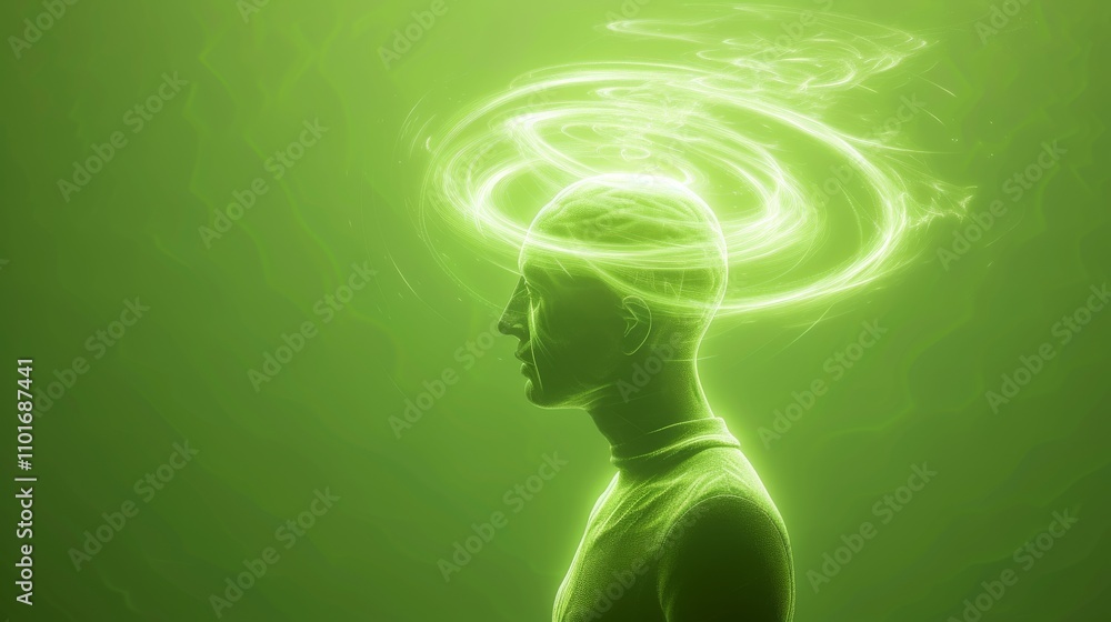 Poster a digital rendering of a human head in profile, bathed in a glowing green light. the swirling light 