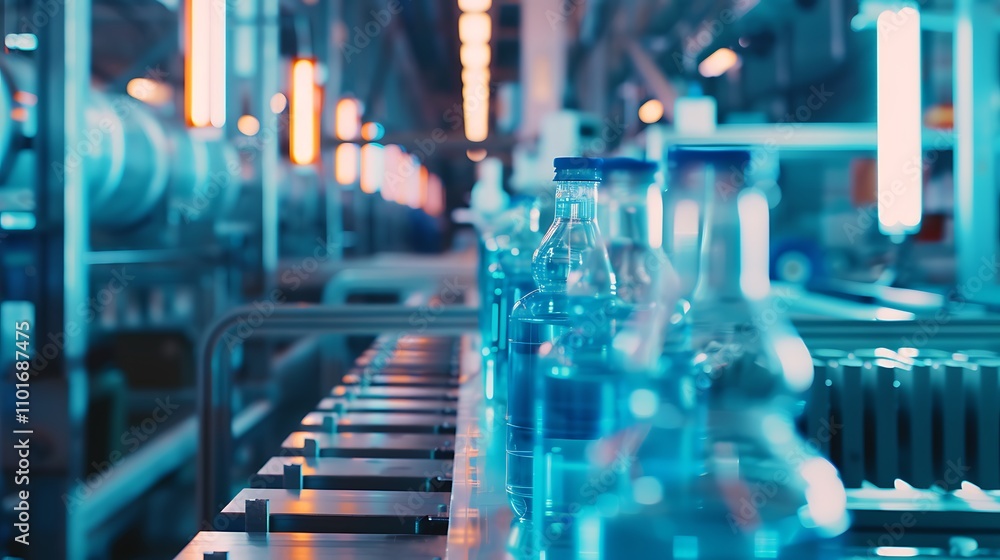 Poster a production line featuring bottles in a modern industrial setting, emphasizing automation and manuf