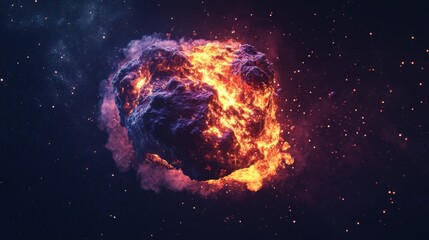 Fiery Cosmic Asteroid Surrounded by Stars and Nebulae in a Dark Galactic Space, Evoking a Sense of Astrological Wonders and Celestial Events