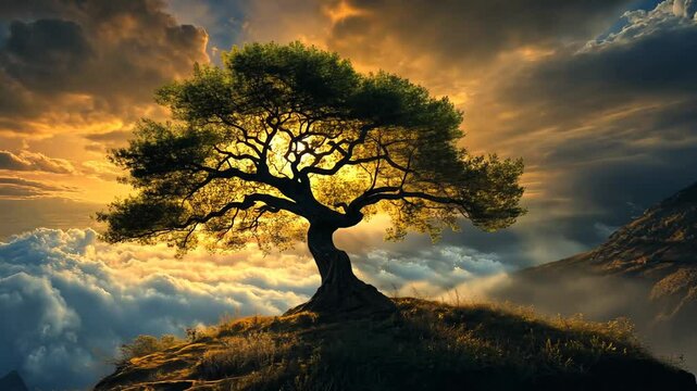 Majestic tree on a hilltop overlooking a sea of clouds at sunset.