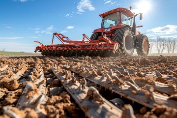 Fototapeta premium Agricultural machinery plowing a field under a clear blue sky.