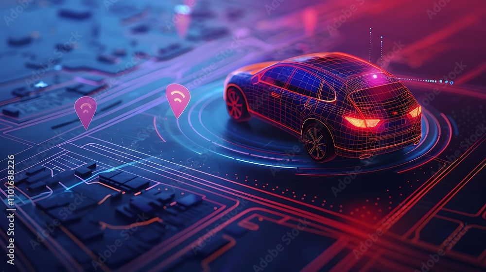 Poster a digital representation of a car on a map, illustrating connectivity and navigation technology.