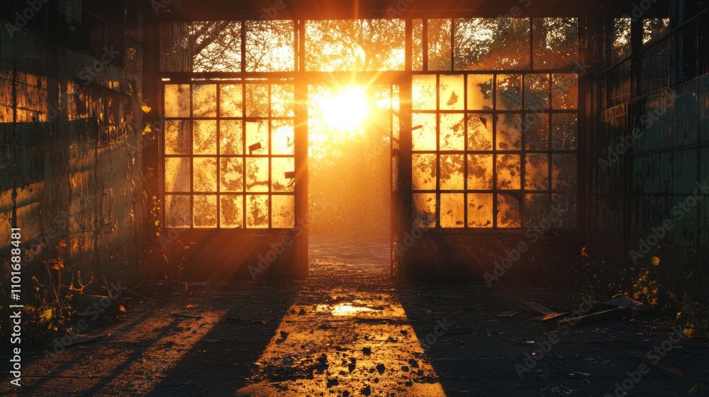 Aufkleber sunlight streams through dusty windows in an abandoned space, creating a serene atmosphere.