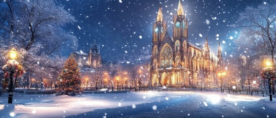 Snowy Winter Scene Featuring Historic Church with Illuminated Windows and Christmas Tree Amidst Falling Snow in a Tranquil Park Setting at Night