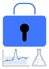 Large blue padlock symbolizes security. Graph and flask represent data protection in research. Ideal for cybersecurity, data management, science, technology, privacy, innovation, secure