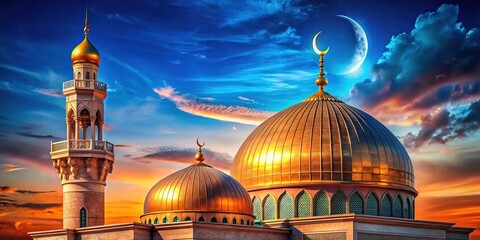 Mosque Crescent Dome Ramadan AI Photo, Muslim Architecture, Copper Dome Blue Sky