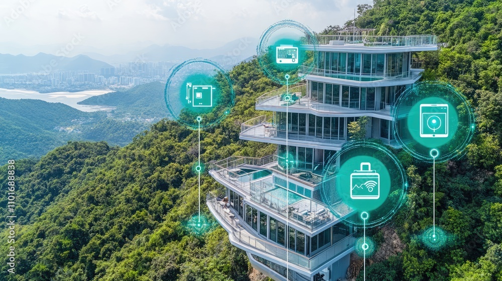 Poster modern house with connected devices showing automated energy adjustments based on grid demands.