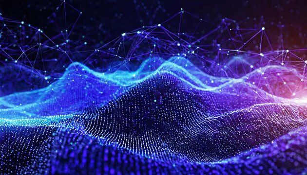 Dynamic technology background featuring interconnected dots on a D wave-like landscape, symbolizing data science, digital innovation, particle networks, and futuristic communication systems.