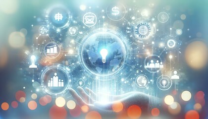 Flat Abstract Bokeh Background with Holographic Financial Icons for Modern Business Marketing