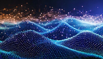 Dynamic technology background featuring a D wave landscape interlinked with connected dots, symbolizing data science, particles, and digital transformation in modern technological