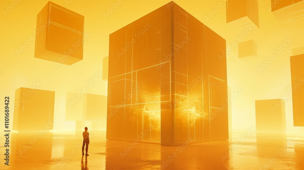 Poster a person stands before a glowing cube surrounded by other floating cubes in a futuristic yellow spac