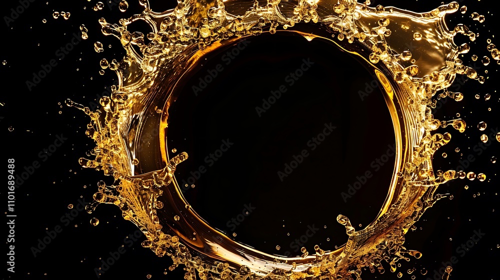Poster a dynamic splash of liquid forming a circular shape against a black background, emphasizing motion a