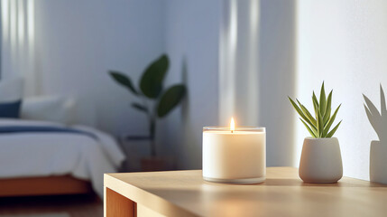 A burning scented candle in an uncluttered bedroom