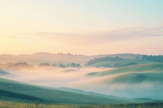 Foggy Morning Landscape with Rolling Hills