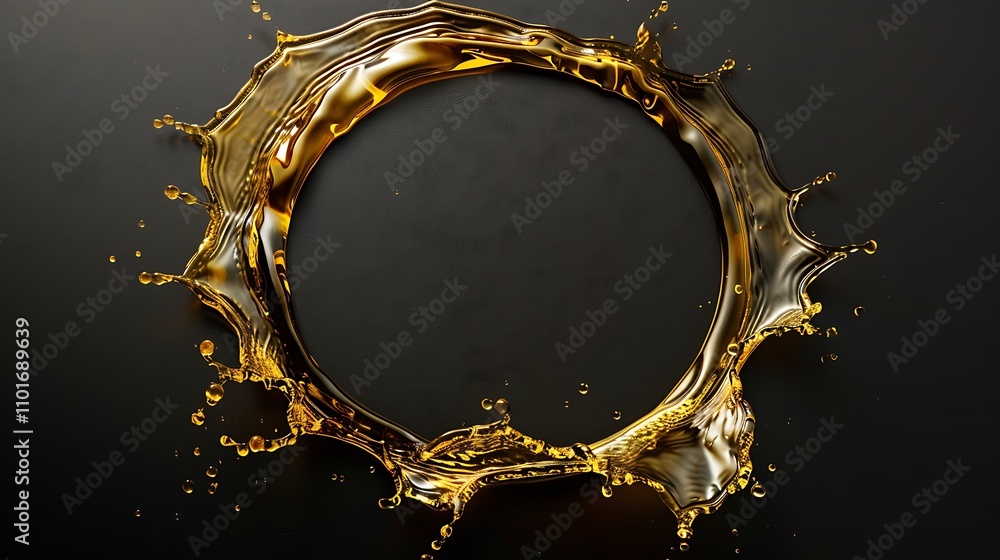 Poster a dynamic splash of golden liquid forming a circular shape against a dark background, creating an ey